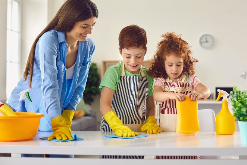 Mom teaching children the benefits of kids' chores